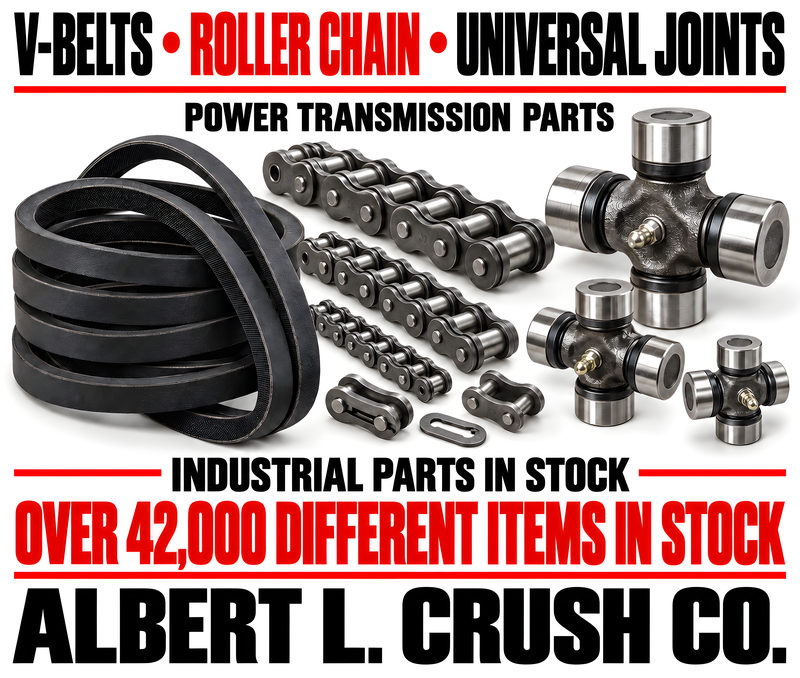 White poster: V-belts, roller chain, universal joints. Power transmission parts. Photos of stacked V-belts, roller chain in three sizes and three universal joints. Industrial parts in stock. Over 42,000 different items in stock.