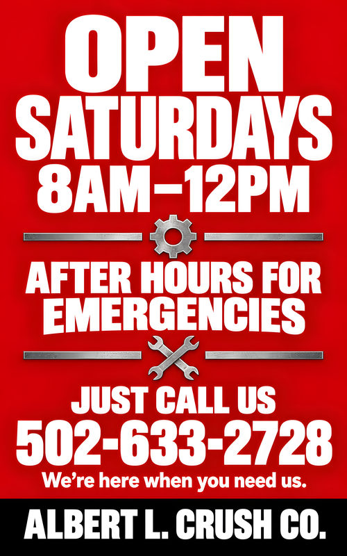 Red poster: Open Saturdays, 8 AM to 12 PM. After hours for emergencies, just call us at 502-633-2728. We're here when you need us.